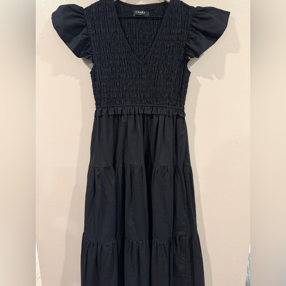 Caara Black Smocked Strapless Tiered Maxi Dress EUC